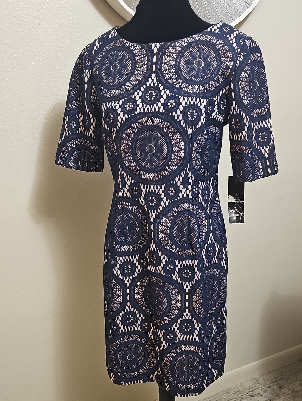 Navy and Blush Lace-Overlay Sheath Dress